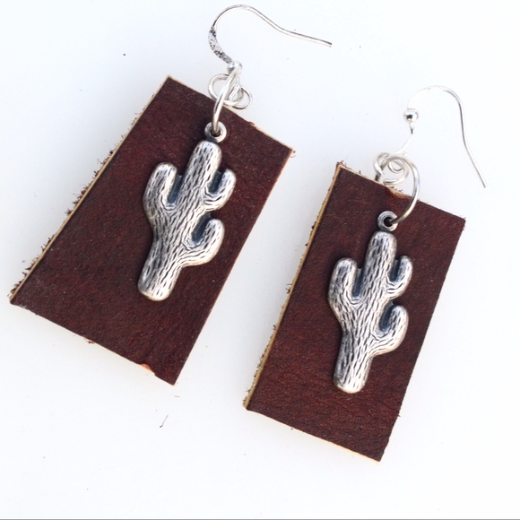 Conceptual Subculture Jewelry - Genuine Leather Saguaro Earrings Brass Cactus OOAK